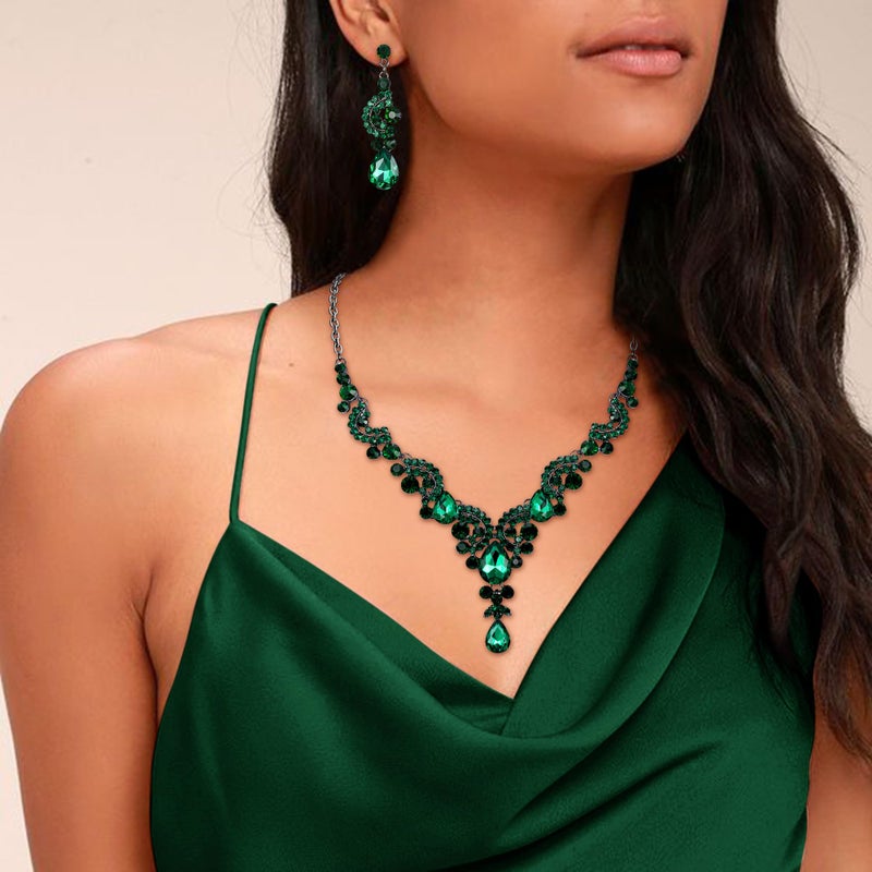 EVER FAITH Costume Jewelry for Women, Art Deco Crystal Floral Wave Teardrop Pendant Necklace Dangle Earrings Set Green Black-Tone - Image 2